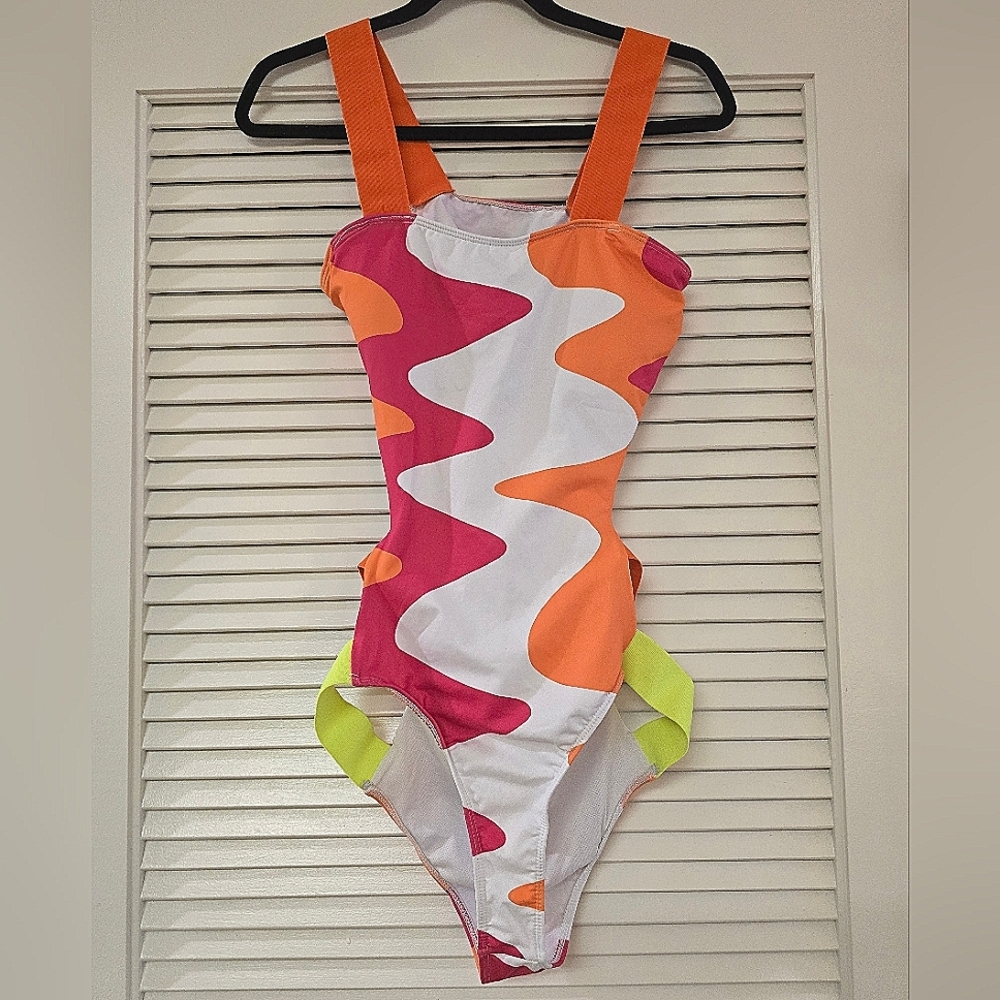 Neon Colour-Block One-Piece Cut-Out Open-Back Swimsuit